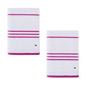 2 Tommy Hilfiger American 90% Cotton BATH Towels WHITE w/ RASPBERRY ROSE STRIPE